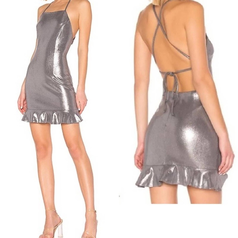 Revolve dress New Darlah Square Neck Exposed Back Ruffle Hem Mini Silver Dress